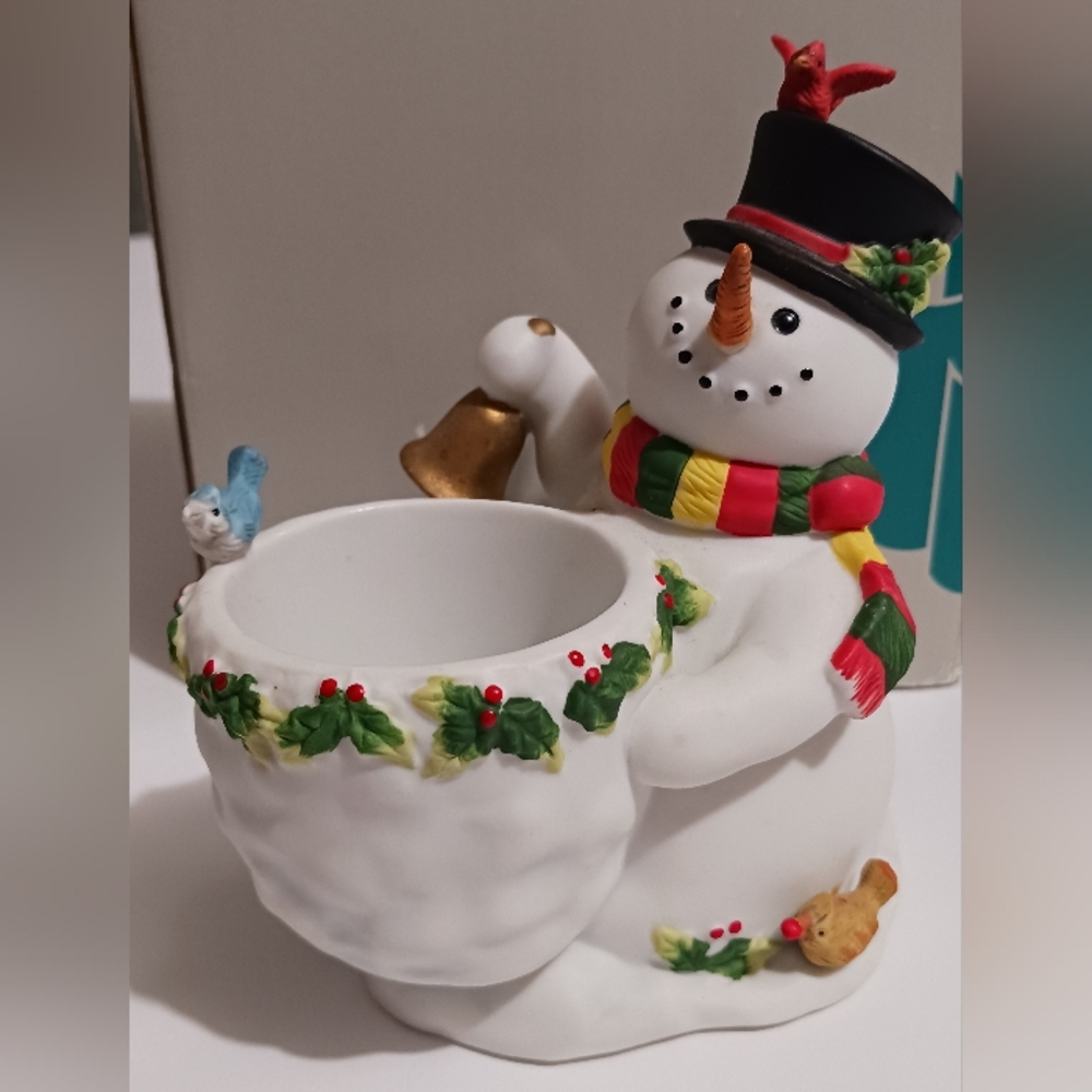 Partylite Snowbell Votive Candle Holder P7249 Festive Porcelain Snowman Birds